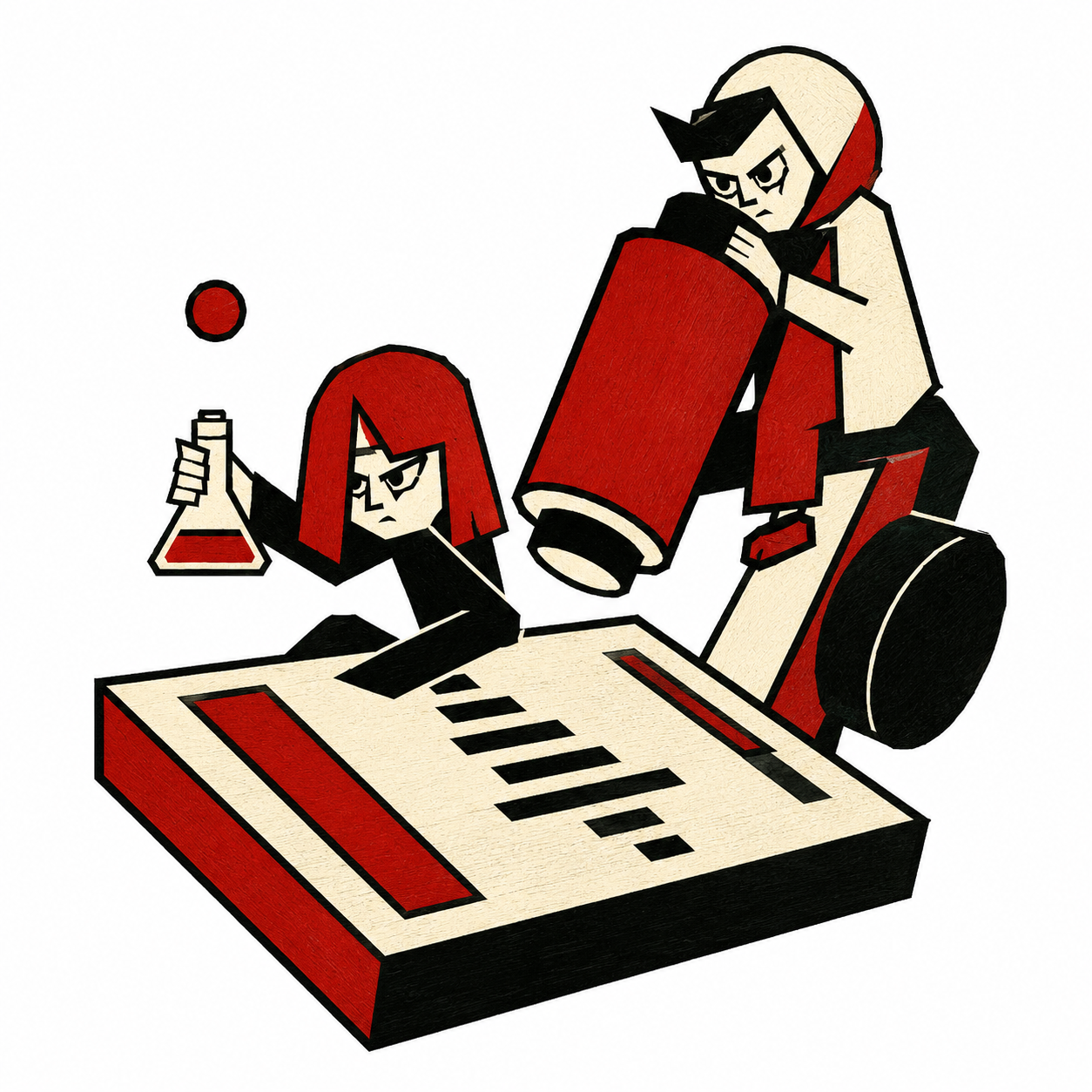 Two ninja researchers examining a book with flask and magnifying glass