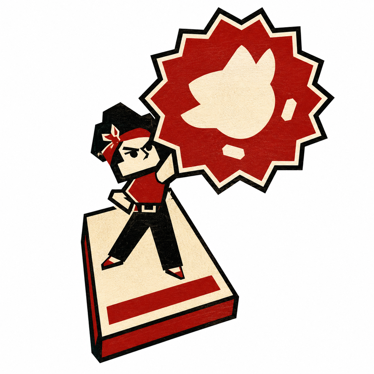 Ninja character with red headband standing on a platform with starburst speech bubble containing owl silhouette