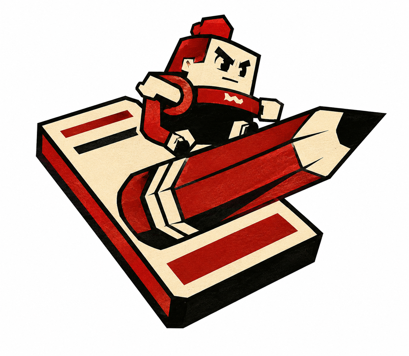 Blocky ninja student character with red hair riding a giant pencil on a striped platform