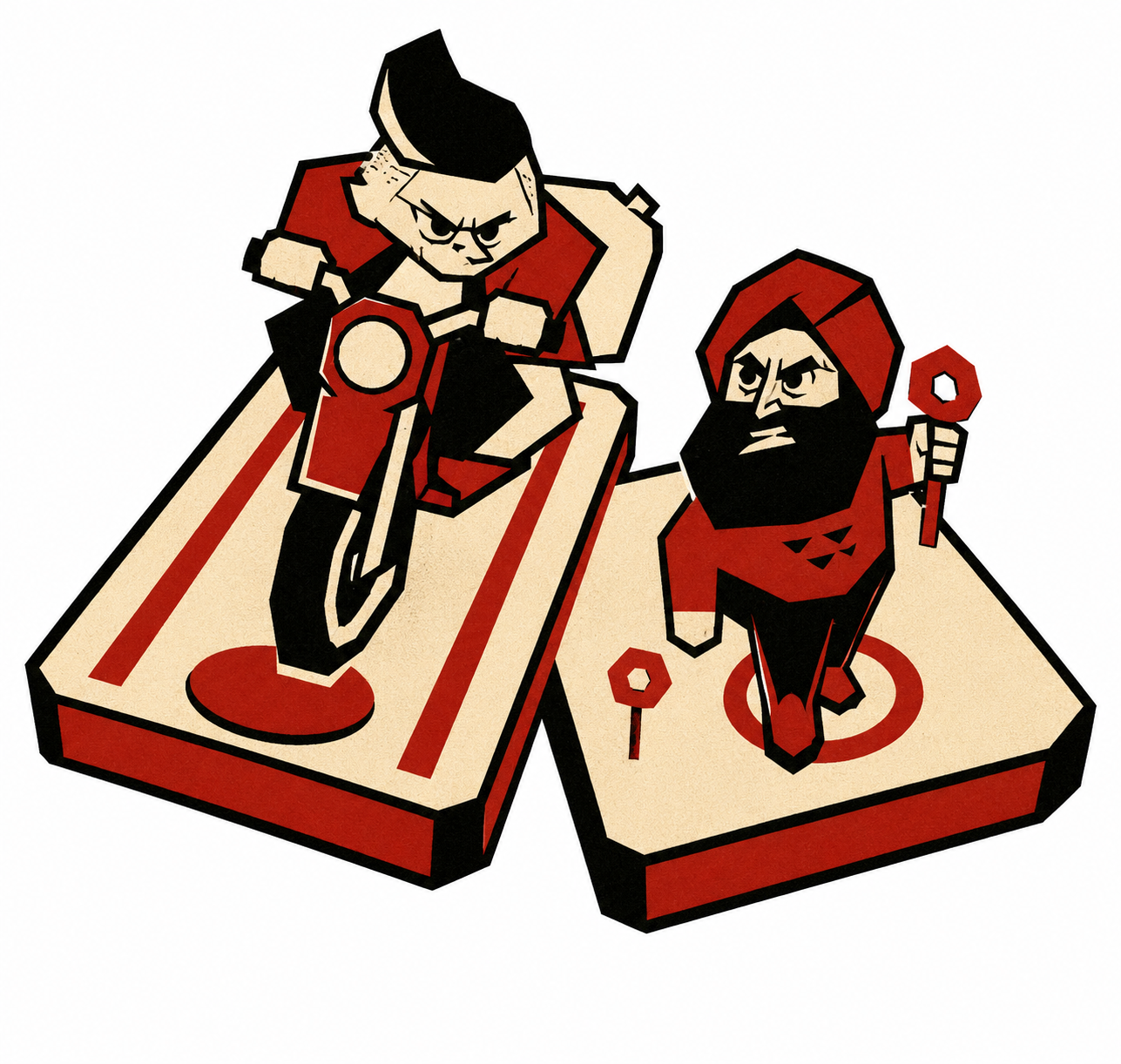 Two ninja characters on tilted platforms - one riding a motorcycle, one holding a wrench - representing personalized paths