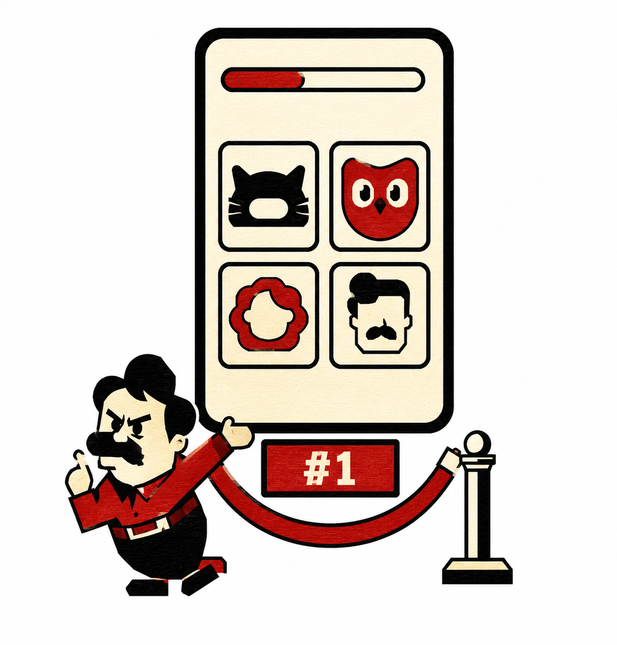 Phone showing avatar selection with a mustachioed character at a VIP rope celebrating being #1