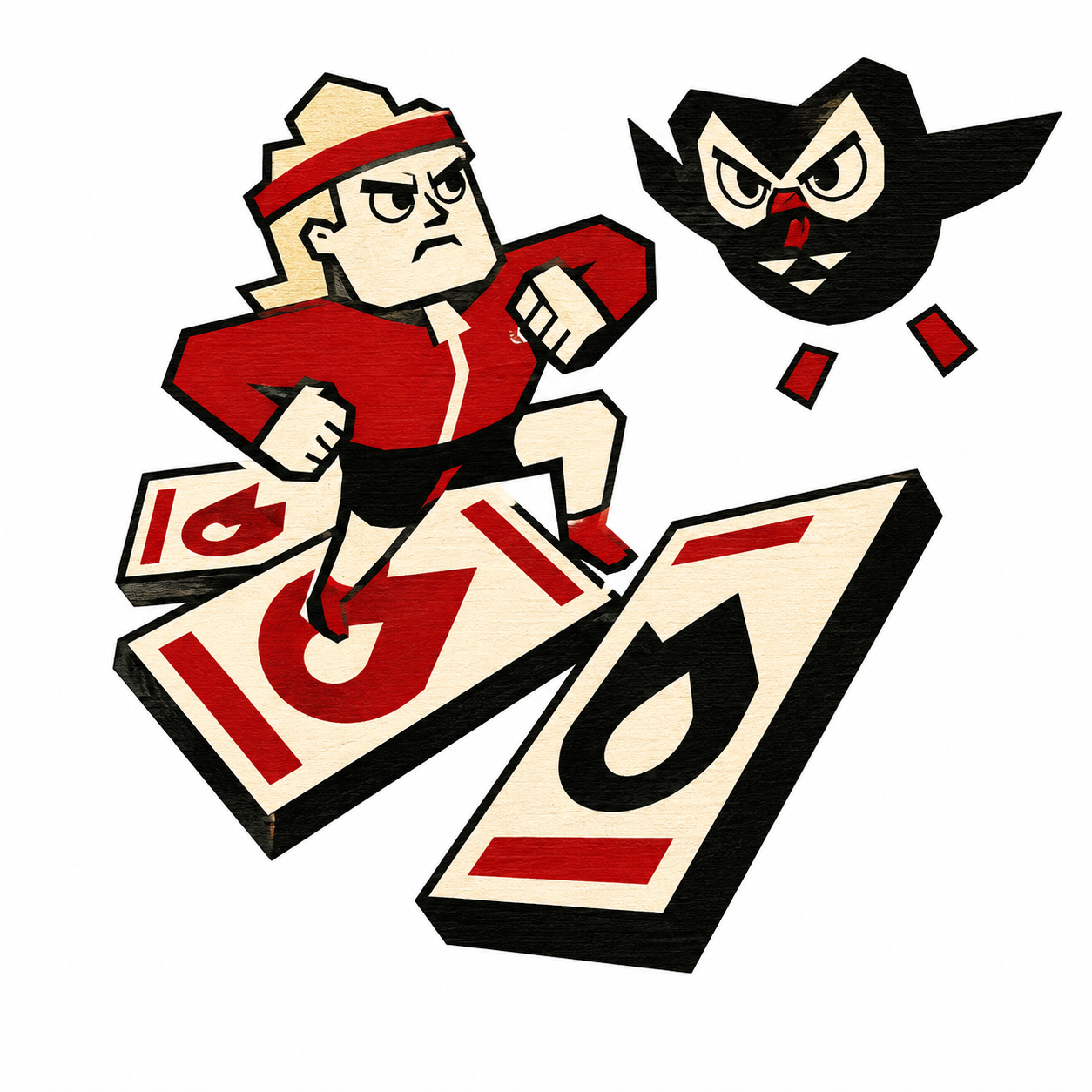 Athletic ninja character with red headband running across lesson cards with owl mascot watching
