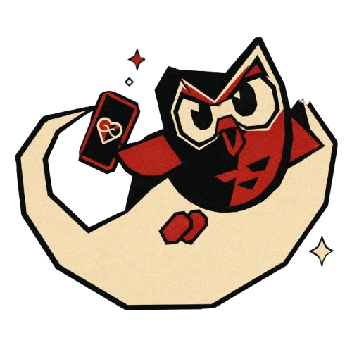 Super Duo ninja owl with red cape and scarf holding a phone, surrounded by sparkles